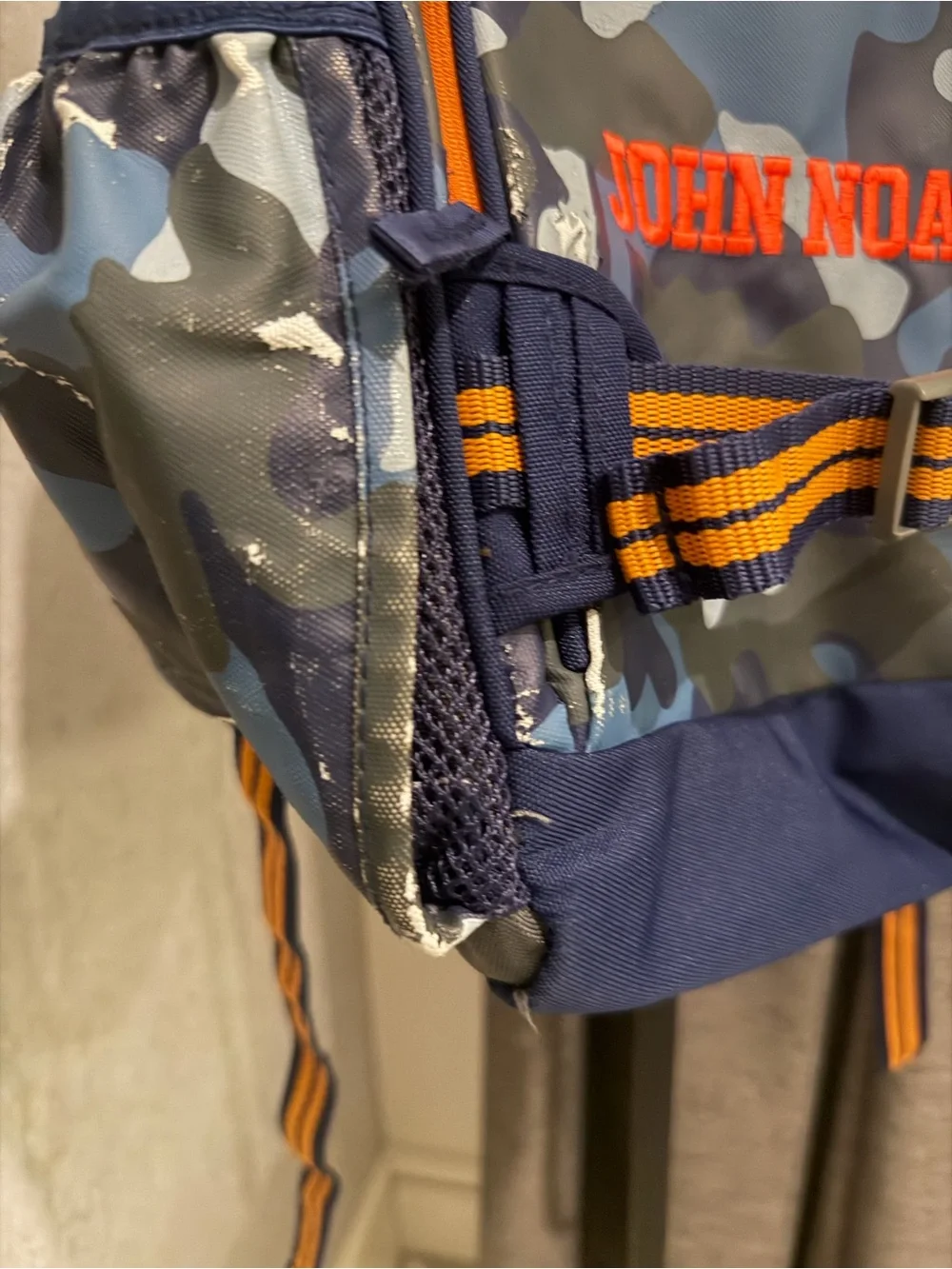 Pottery Barn Kids large Blue Camo Kids Backpack with Orange Trim. Used condition